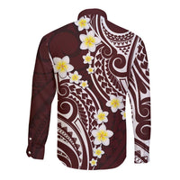 Plumeria With Oxblood Polynesian Tattoo Pattern Long Sleeve Button Shirt LT05 - Polynesian Pride