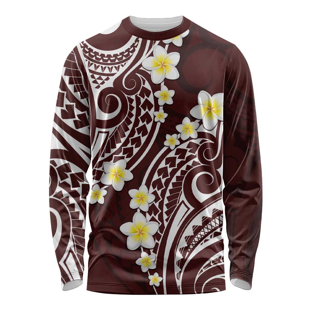 Plumeria With Oxblood Polynesian Tattoo Pattern Long Sleeve Shirt LT05 Unisex Red - Polynesian Pride