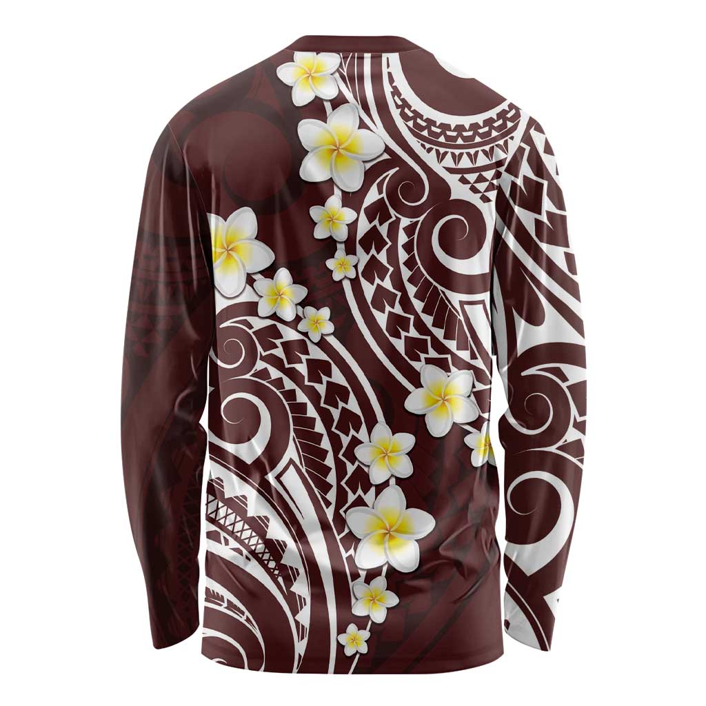 Plumeria With Oxblood Polynesian Tattoo Pattern Long Sleeve Shirt LT05 - Polynesian Pride