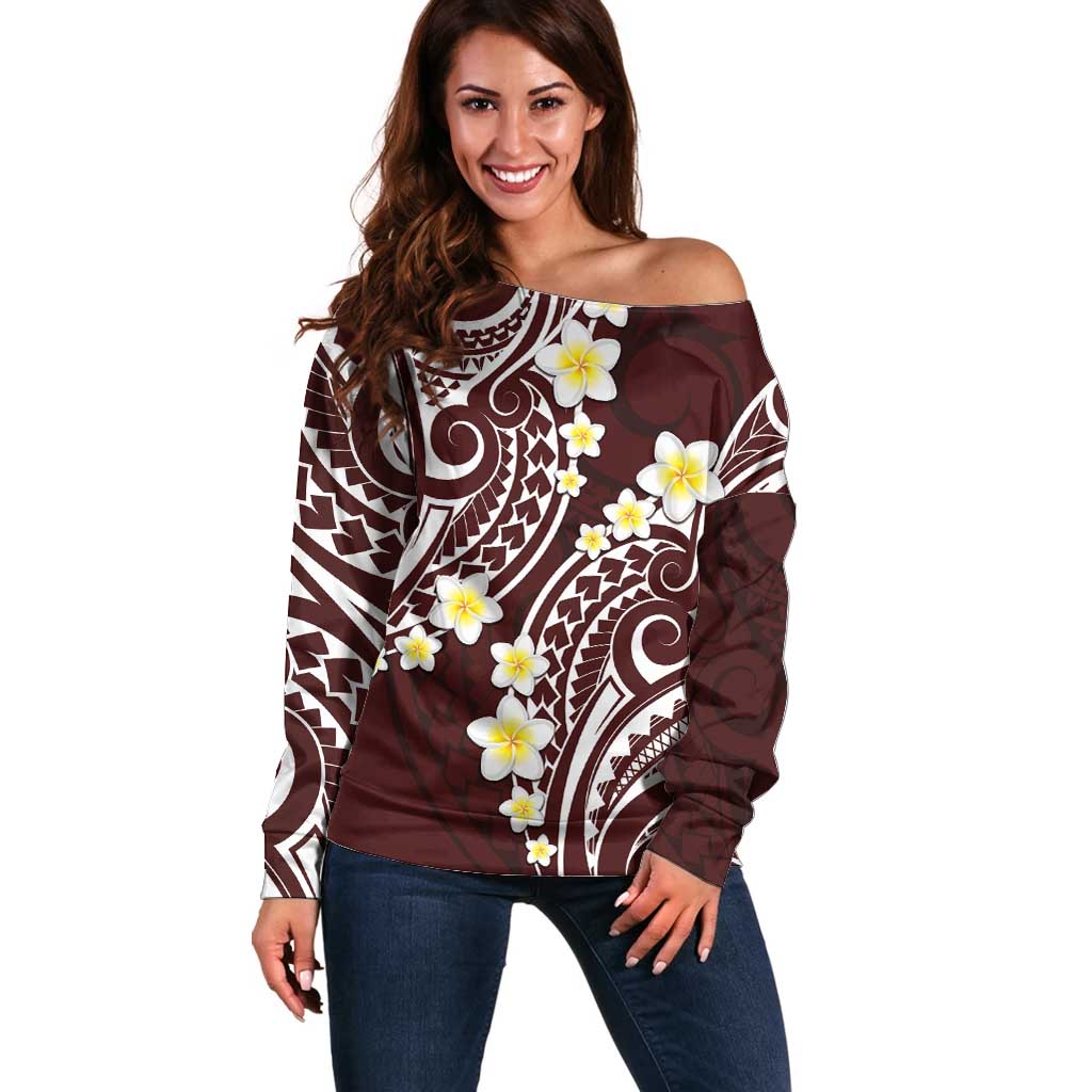 Plumeria With Oxblood Polynesian Tattoo Pattern Off Shoulder Sweater LT05 Women Red - Polynesian Pride