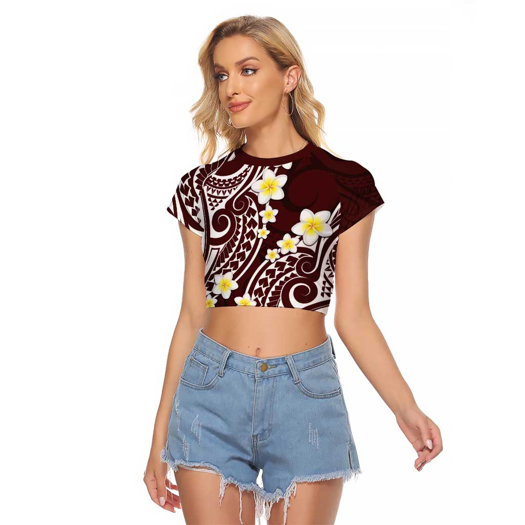Plumeria With Oxblood Polynesian Tattoo Pattern Raglan Cropped T Shirt LT05 Female Red - Polynesian Pride
