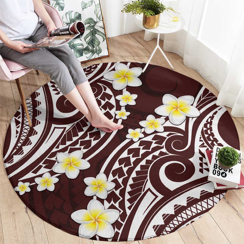 Plumeria With Oxblood Polynesian Tattoo Pattern Round Carpet LT05 - Polynesian Pride