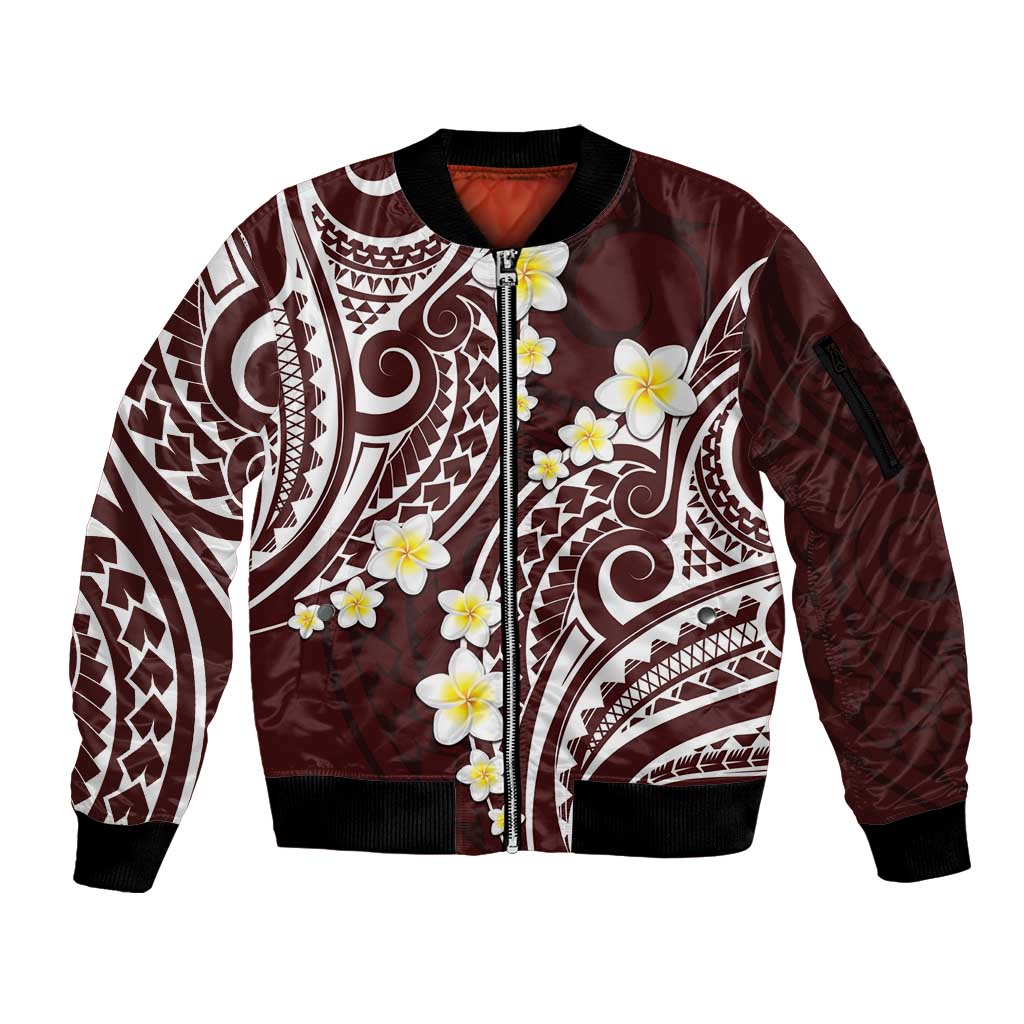 Plumeria With Oxblood Polynesian Tattoo Pattern Sleeve Zip Bomber Jacket LT05 Unisex Red - Polynesian Pride