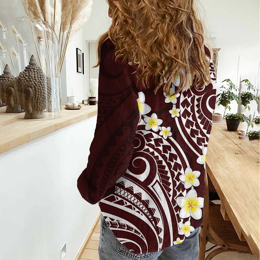 Plumeria With Oxblood Polynesian Tattoo Pattern Women Casual Shirt