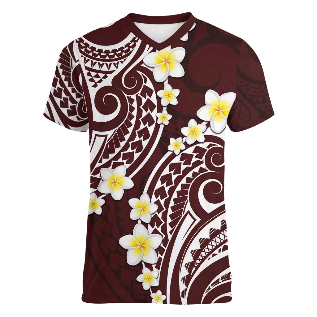 Plumeria With Oxblood Polynesian Tattoo Pattern Women V-Neck T-Shirt LT05 Female Red - Polynesian Pride