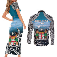 Personalised Happy 50th Fiji Day Couples Matching Short Sleeve Bodycon Dress and Long Sleeve Button Shirt Forever Fiji With Tapa Tribal Pattern