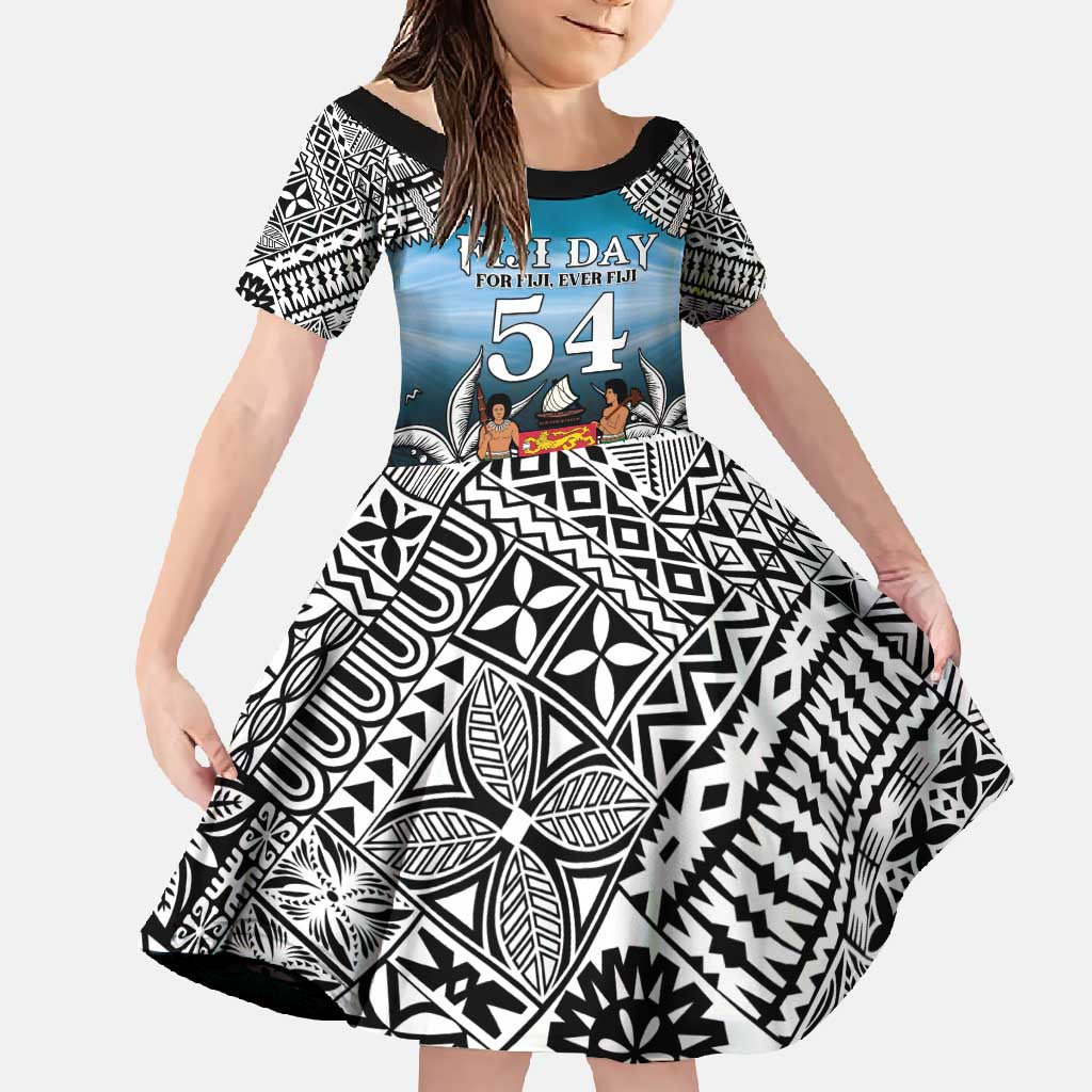 Personalised Happy 54th Fiji Day Family Matching Tank Maxi Dress and Hawaiian Shirt Forever Fiji With Tapa Tribal Pattern LT05 Daughter's Dress Blue - Polynesian Pride