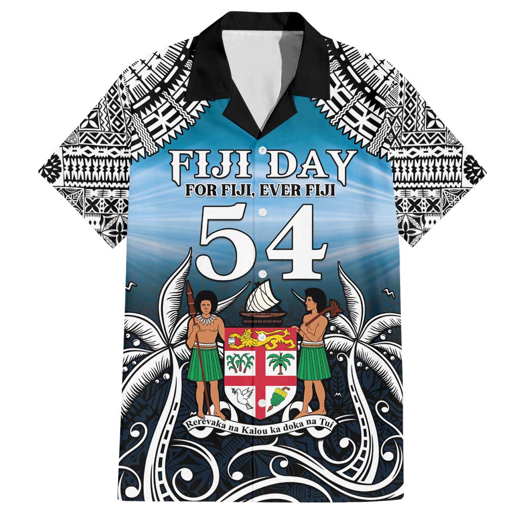 Personalised Happy 54th Fiji Day Family Matching Tank Maxi Dress and Hawaiian Shirt Forever Fiji With Tapa Tribal Pattern LT05 Dad's Shirt - Short Sleeve Blue - Polynesian Pride