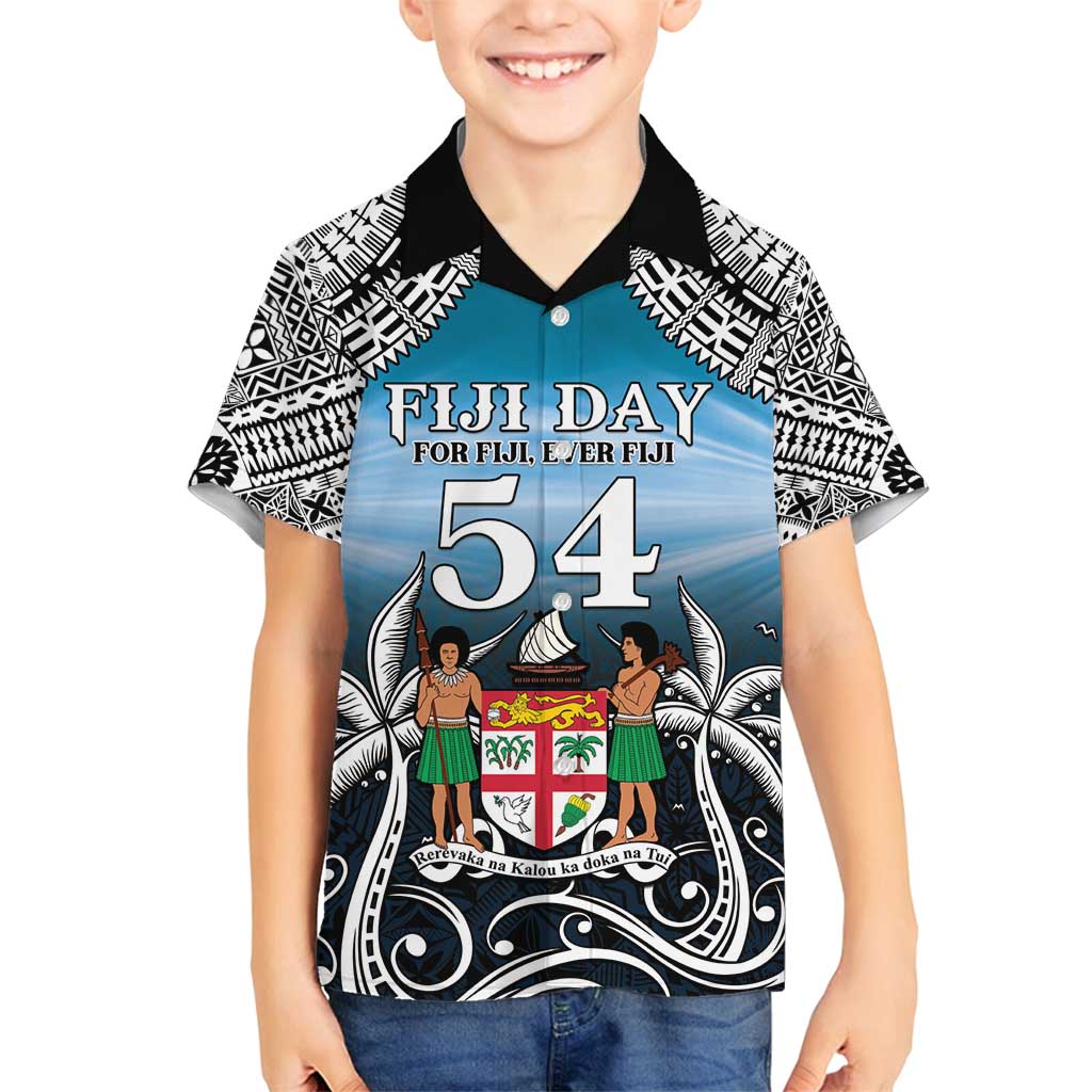 Personalised Happy 54th Fiji Day Family Matching Tank Maxi Dress and Hawaiian Shirt Forever Fiji With Tapa Tribal Pattern LT05 Son's Shirt Blue - Polynesian Pride