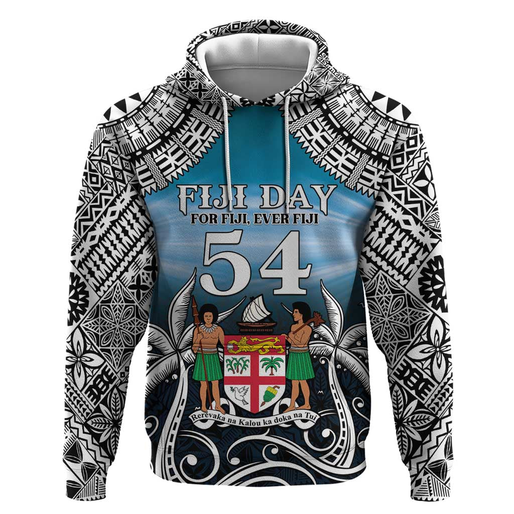 Personalised Happy 54th Fiji Day Hoodie Forever Fiji With Tapa Tribal Pattern LT05 Pullover Hoodie Blue - Polynesian Pride