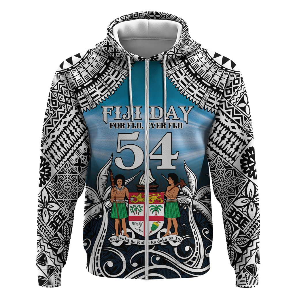Personalised Happy 54th Fiji Day Hoodie Forever Fiji With Tapa Tribal Pattern LT05 Zip Hoodie Blue - Polynesian Pride