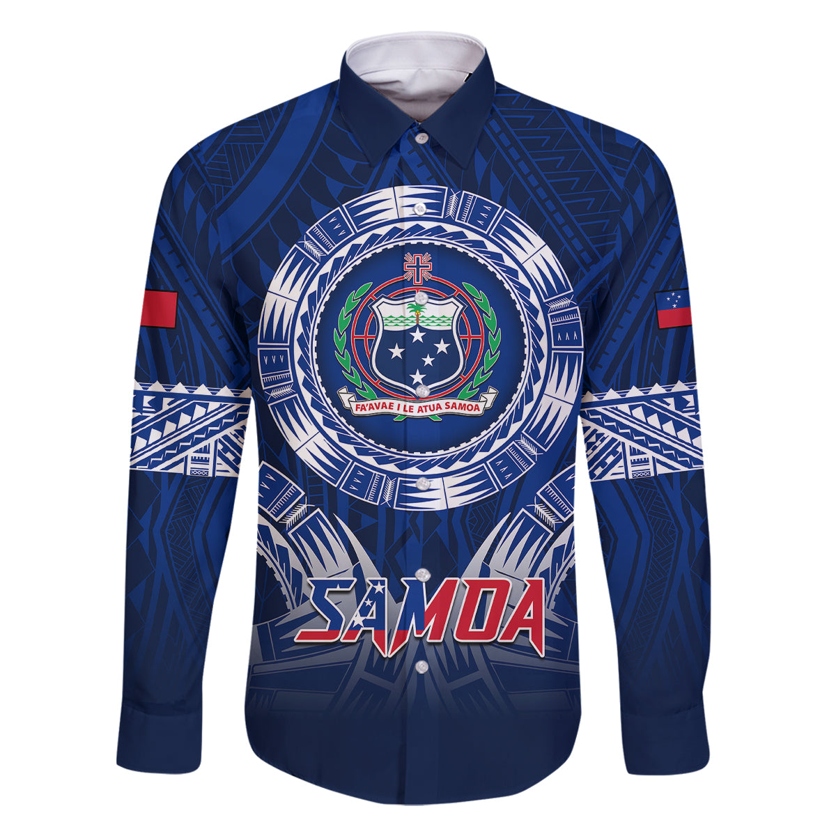 Samoa Rugby Family Matching Mermaid Dress and Hawaiian Shirt World Cup 2023 Coat Of Arms With Polynesian Pattern LT05 Dad's Shirt - Long Sleeve Blue - Polynesian Pride