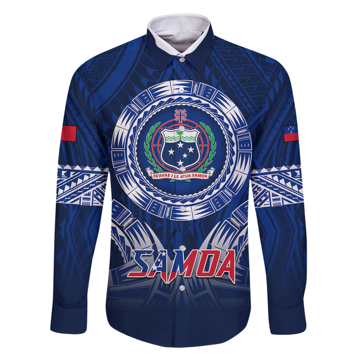 Samoa Rugby Family Matching Off Shoulder Short Dress and Hawaiian Shirt World Cup 2023 Coat Of Arms With Polynesian Pattern LT05 Dad's Shirt - Long Sleeve Blue - Polynesian Pride