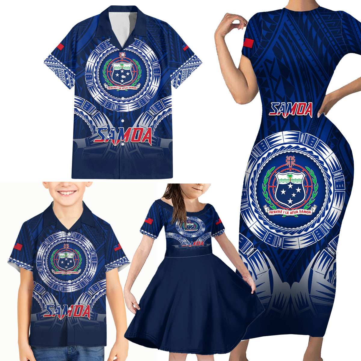 Samoa Rugby Family Matching Short Sleeve Bodycon Dress and Hawaiian Shirt World Cup 2023 Coat Of Arms With Polynesian Pattern LT05 - Polynesian Pride