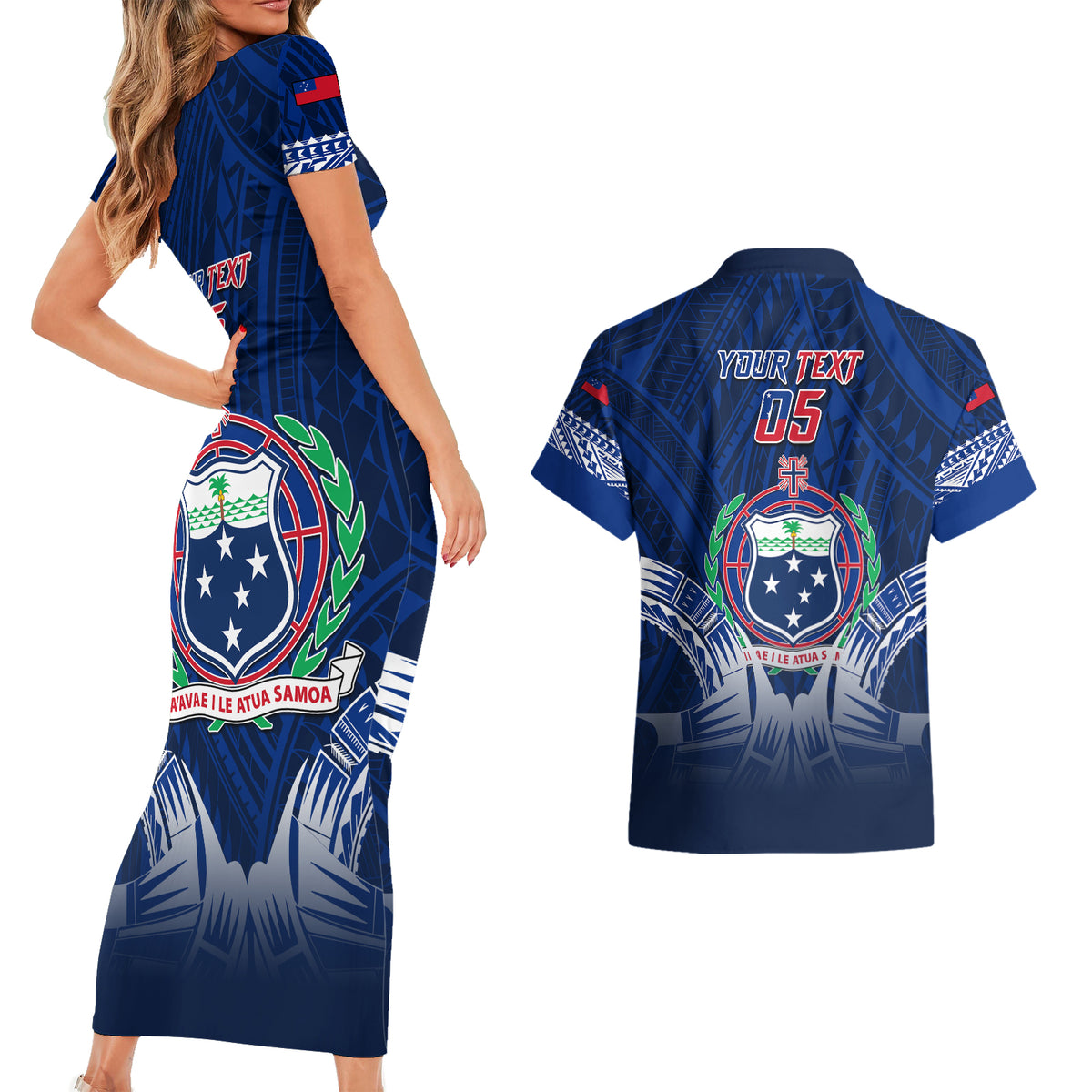 Custom Samoa Rugby Couples Matching Short Sleeve Bodycon Dress and Hawaiian Shirt World Cup 2023 Coat Of Arms With Polynesian Pattern LT05 - Polynesian Pride