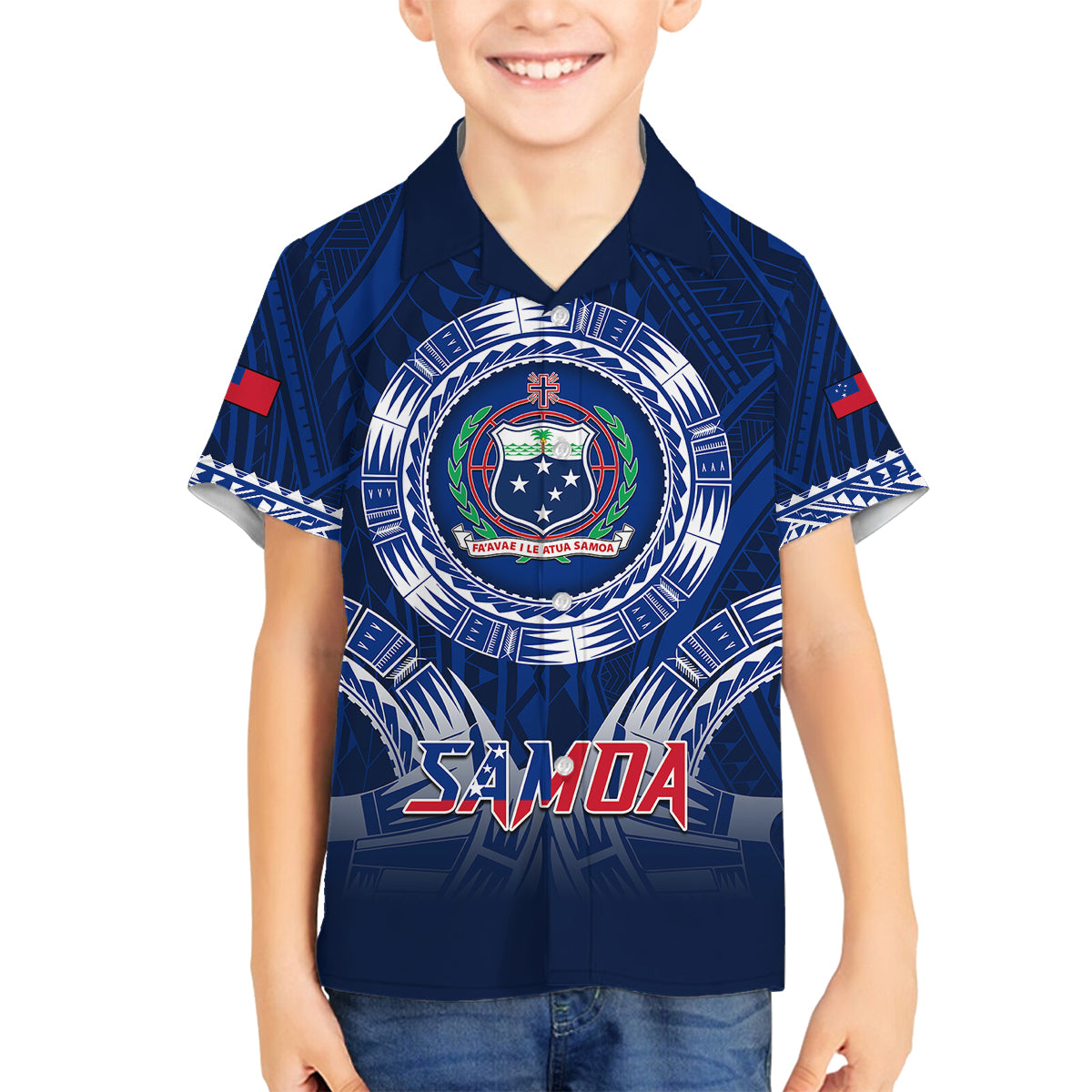 Custom Samoa Rugby Family Matching Long Sleeve Bodycon Dress and Hawaiian Shirt World Cup 2023 Coat Of Arms With Polynesian Pattern LT05 Son's Shirt Blue - Polynesian Pride