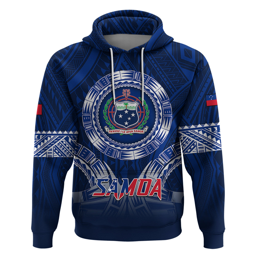 Custom Samoa Rugby Hoodie World Cup 2023 Coat Of Arms With Polynesian Pattern LT05 Pullover Hoodie Blue - Polynesian Pride
