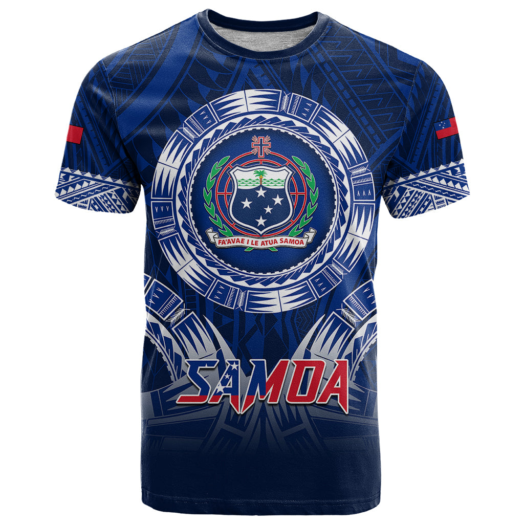Custom Samoa Rugby T Shirt World Cup 2023 Coat Of Arms With Polynesian Pattern LT05 Blue - Polynesian Pride