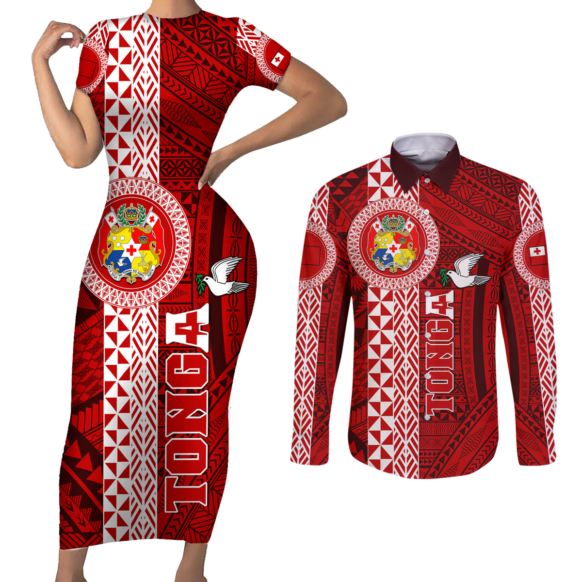 Tonga Rugby Couples Matching Short Sleeve Bodycon Dress and Long Sleeve Button Shirts World Cup 2023 Coat Of Arms Ngatu Pattern LT05 Red - Polynesian Pride