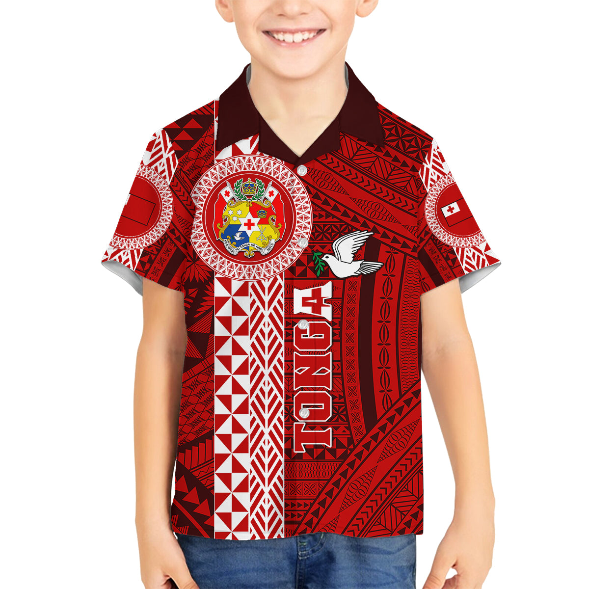 Tonga Rugby Family Matching Mermaid Dress and Hawaiian Shirt World Cup 2023 Coat Of Arms Ngatu Pattern LT05 Son's Shirt Red - Polynesian Pride