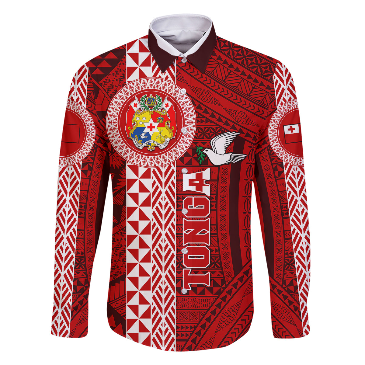Tonga Rugby Family Matching Off Shoulder Short Dress and Hawaiian Shirt World Cup 2023 Coat Of Arms Ngatu Pattern LT05 Dad's Shirt - Long Sleeve Red - Polynesian Pride