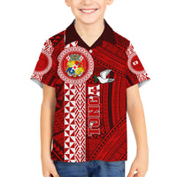 Tonga Rugby Family Matching Off Shoulder Short Dress and Hawaiian Shirt World Cup 2023 Coat Of Arms Ngatu Pattern LT05 Son's Shirt Red - Polynesian Pride
