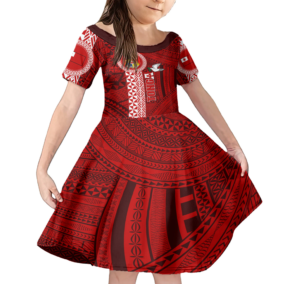 Tonga Rugby Family Matching Puletasi Dress and Hawaiian Shirt World Cup 2023 Coat Of Arms Ngatu Pattern LT05 Daughter's Dress Red - Polynesian Pride