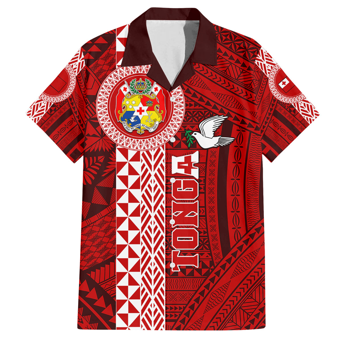 Tonga Rugby Family Matching Puletasi Dress and Hawaiian Shirt World Cup 2023 Coat Of Arms Ngatu Pattern LT05 Dad's Shirt - Short Sleeve Red - Polynesian Pride