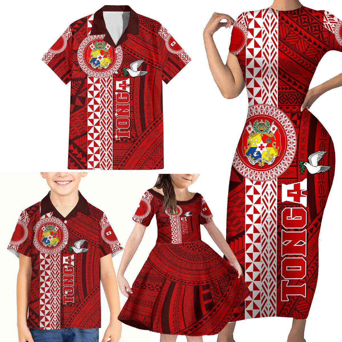 Tonga Rugby Family Matching Short Sleeve Bodycon Dress and Hawaiian Shirt World Cup 2023 Coat Of Arms Ngatu Pattern LT05 - Polynesian Pride