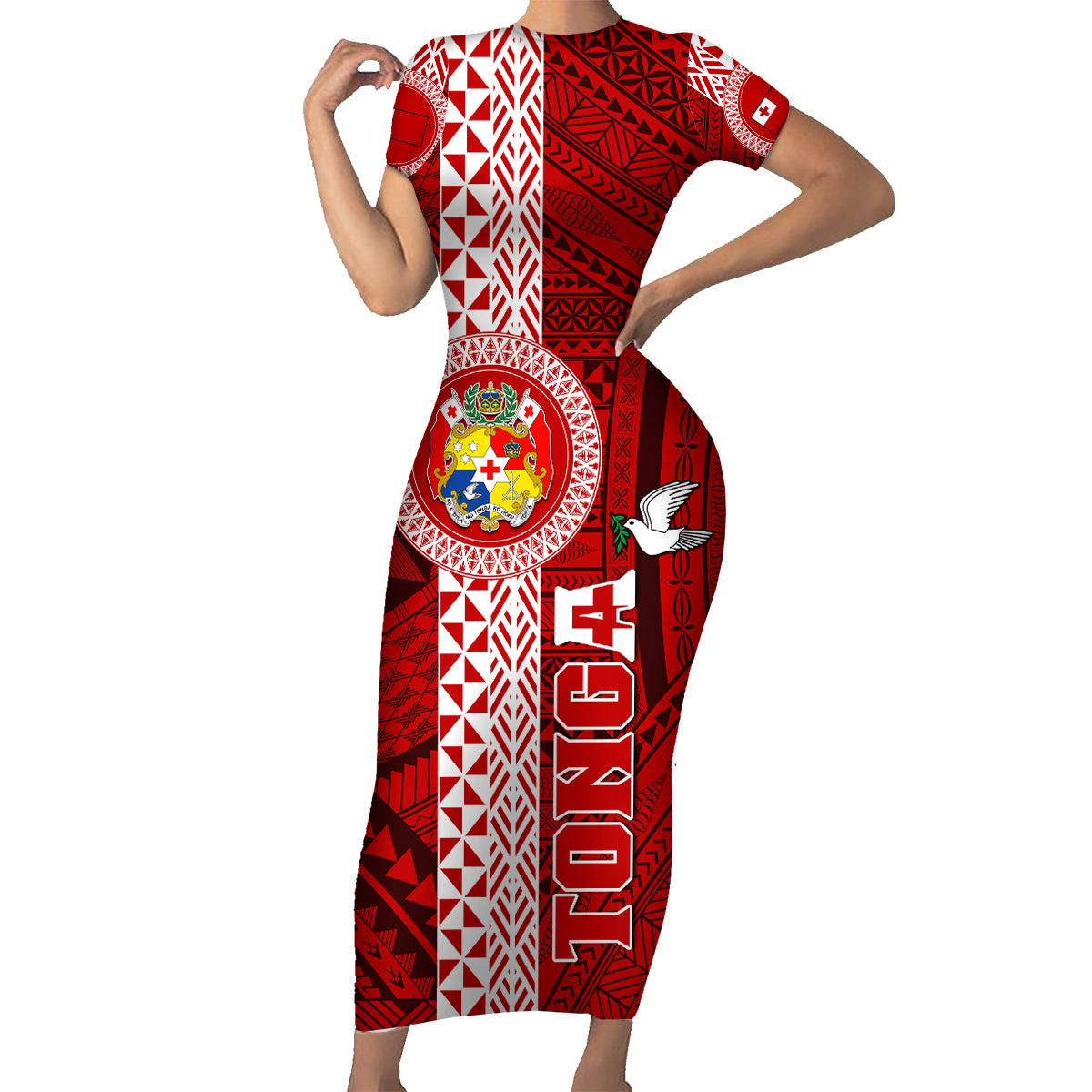 Tonga Rugby Family Matching Short Sleeve Bodycon Dress and Hawaiian Shirt World Cup 2023 Coat Of Arms Ngatu Pattern LT05 Mom's Dress Red - Polynesian Pride