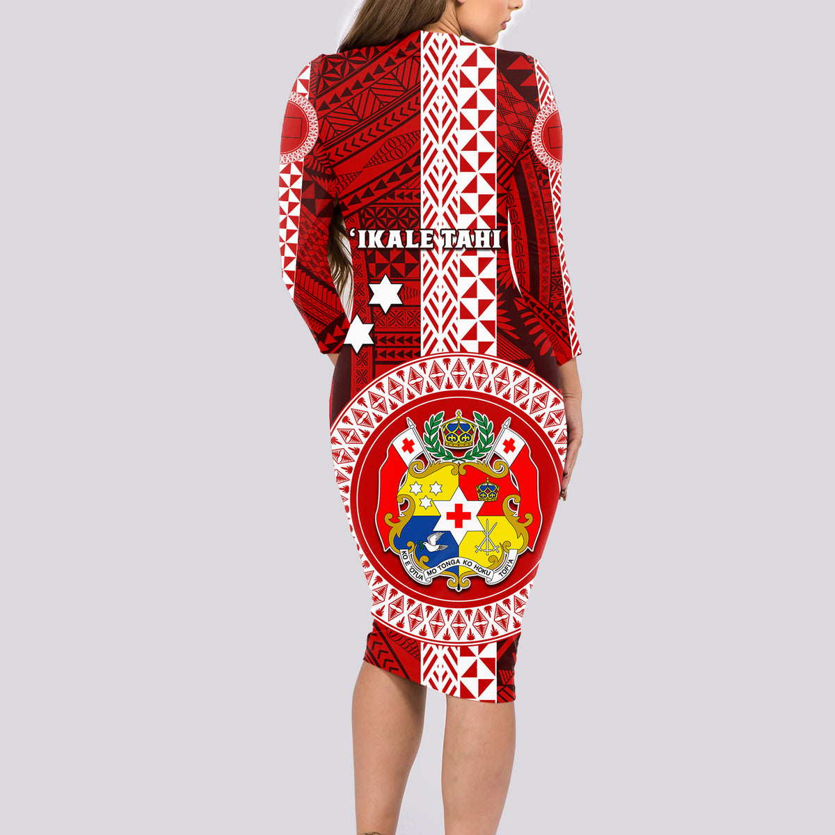 Tonga Rugby Long Sleeve Bodycon Dress World Cup 2023 Coat Of Arms Ngatu Pattern LT05 - Polynesian Pride