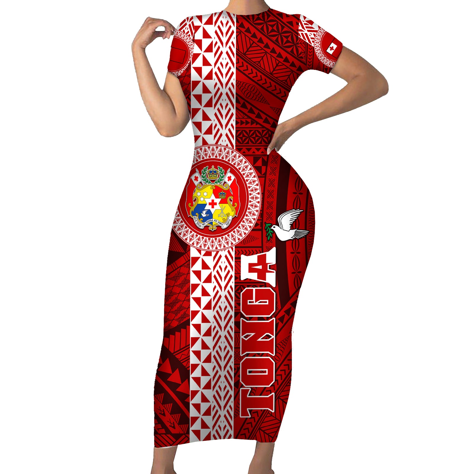 Tonga Rugby Short Sleeve Bodycon Dress World Cup 2023 Coat Of Arms Ngatu Pattern LT05 Long Dress Red - Polynesian Pride