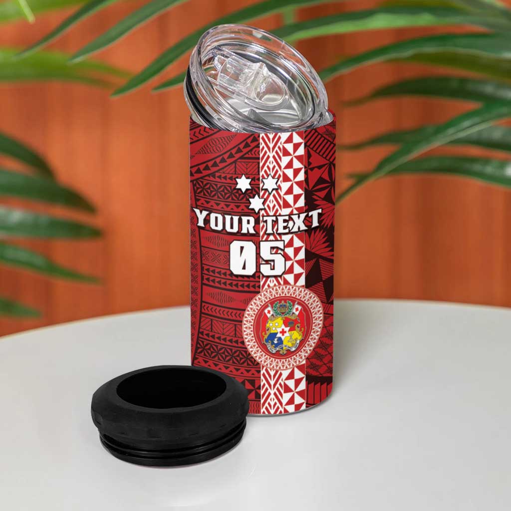 Custom Tonga Rugby 4 in 1 Can Cooler Tumbler World Cup 2023 Coat Of Arms Ngatu Pattern