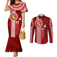 Custom Tonga Rugby Couples Matching Mermaid Dress and Long Sleeve Button Shirts World Cup 2023 Coat Of Arms Ngatu Pattern LT05 Red - Polynesian Pride