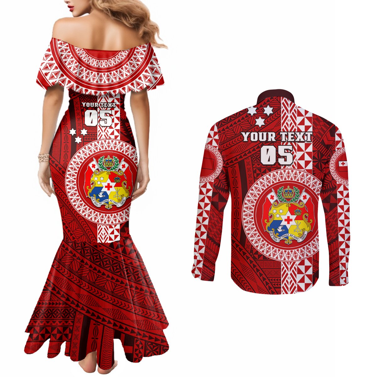 Custom Tonga Rugby Couples Matching Mermaid Dress and Long Sleeve Button Shirts World Cup 2023 Coat Of Arms Ngatu Pattern LT05 - Polynesian Pride