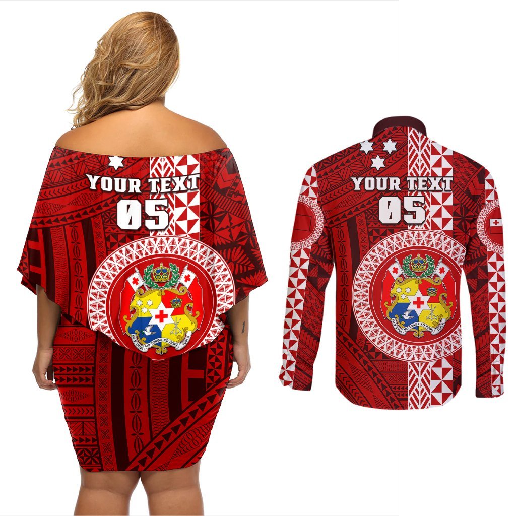 Custom Tonga Rugby Couples Matching Off Shoulder Short Dress and Long Sleeve Button Shirts World Cup 2023 Coat Of Arms Ngatu Pattern LT05 - Polynesian Pride