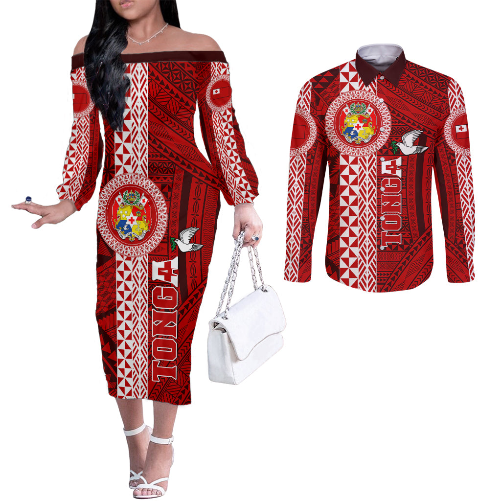 Custom Tonga Rugby Couples Matching Off The Shoulder Long Sleeve Dress and Long Sleeve Button Shirts World Cup 2023 Coat Of Arms Ngatu Pattern LT05 Red - Polynesian Pride