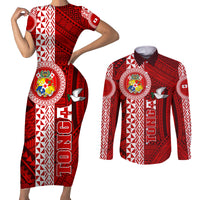 Custom Tonga Rugby Couples Matching Short Sleeve Bodycon Dress and Long Sleeve Button Shirts World Cup 2023 Coat Of Arms Ngatu Pattern LT05 Red - Polynesian Pride