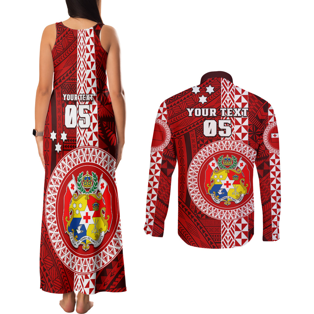 Custom Tonga Rugby Couples Matching Tank Maxi Dress and Long Sleeve Button Shirts World Cup 2023 Coat Of Arms Ngatu Pattern LT05 - Polynesian Pride