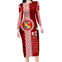 Custom Tonga Rugby Family Matching Long Sleeve Bodycon Dress and Hawaiian Shirt World Cup 2023 Coat Of Arms Ngatu Pattern LT05 Mom's Dress Red - Polynesian Pride