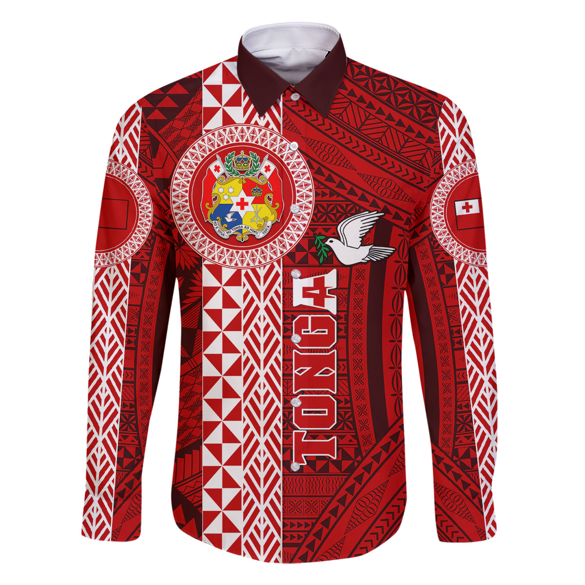 Custom Tonga Rugby Family Matching Tank Maxi Dress and Hawaiian Shirt World Cup 2023 Coat Of Arms Ngatu Pattern LT05 Dad's Shirt - Long Sleeve Red - Polynesian Pride