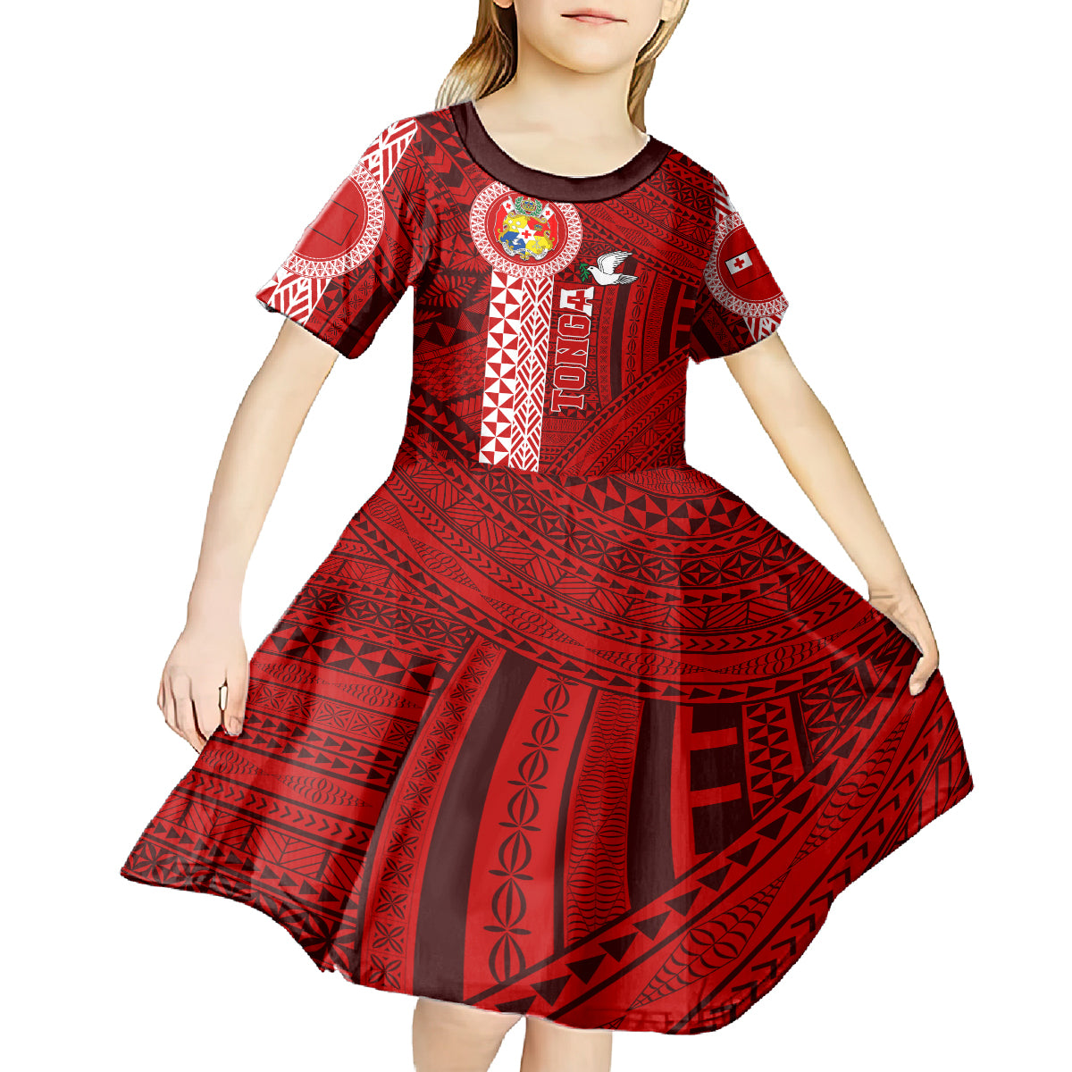 Custom Tonga Rugby Kid Short Sleeve Dress World Cup 2023 Coat Of Arms Ngatu Pattern LT05 - Polynesian Pride