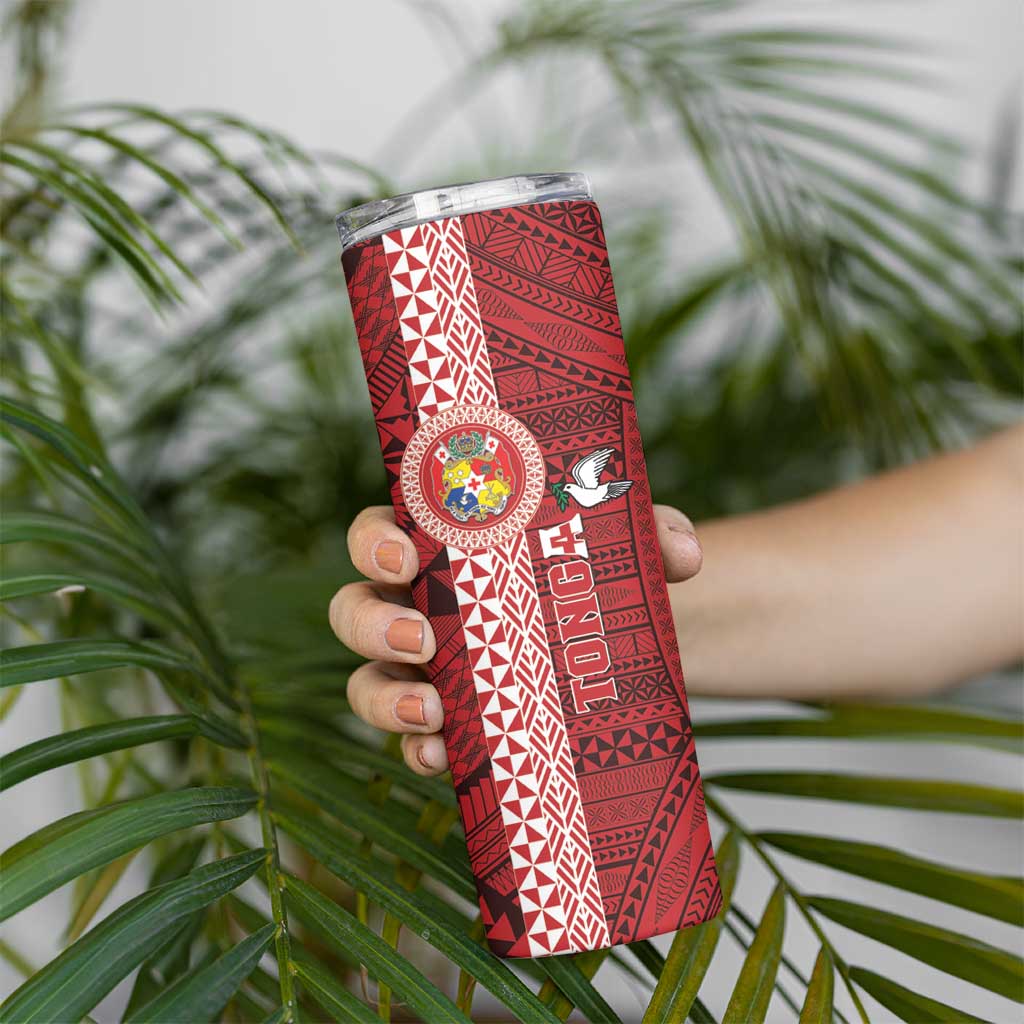 Custom Tonga Rugby Skinny Tumbler World Cup 2023 Coat Of Arms Ngatu Pattern