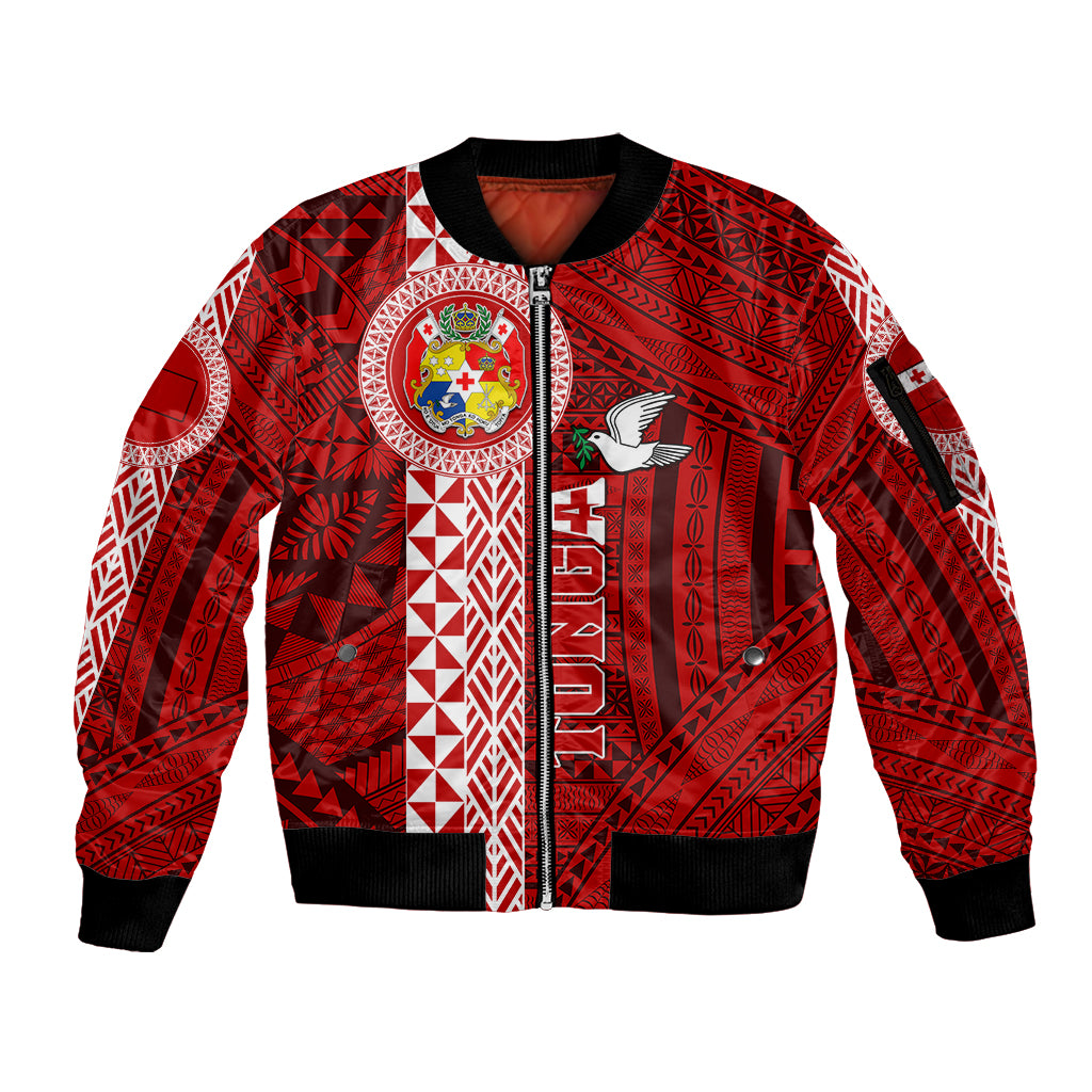 Custom Tonga Rugby Sleeve Zip Bomber Jacket World Cup 2023 Coat Of Arms Ngatu Pattern LT05 Unisex Red - Polynesian Pride