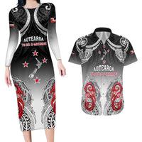 Personalised New Zealand Waitangi Day Couples Matching Long Sleeve Bodycon Dress and Hawaiian Shirt Aotearoa Te Ra O Waitangi Manaia Maori Pattern LT05 Black - Polynesian Pride