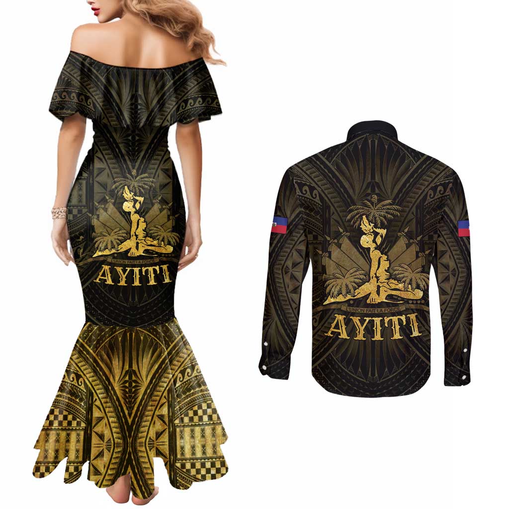 Haiti 1804 Couples Matching Mermaid Dress and Long Sleeve Button Shirt Polynesian Gold Neg Maron