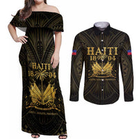 Haiti 1804 Couples Matching Off Shoulder Maxi Dress and Long Sleeve Button Shirt Polynesian Gold Neg Maron