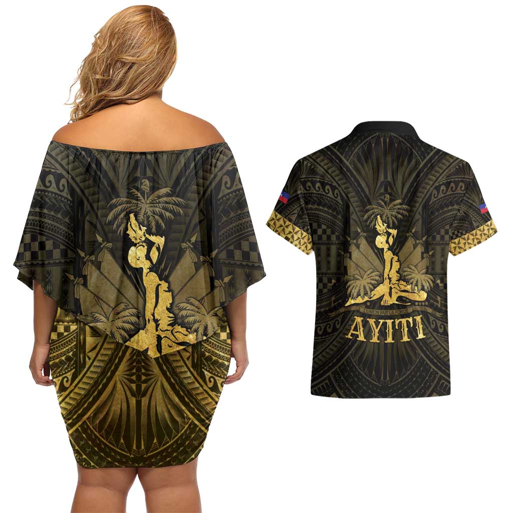 Haiti 1804 Couples Matching Off Shoulder Short Dress and Hawaiian Shirt Polynesian Gold Neg Maron