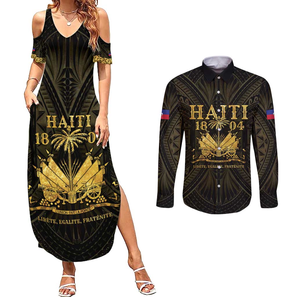 Haiti 1804 Couples Matching Summer Maxi Dress and Long Sleeve Button Shirt Polynesian Gold Neg Maron