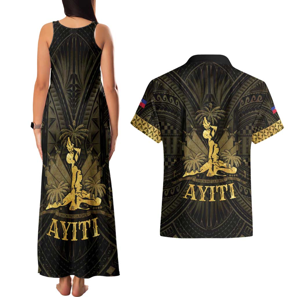 Haiti 1804 Couples Matching Tank Maxi Dress and Hawaiian Shirt Polynesian Gold Neg Maron